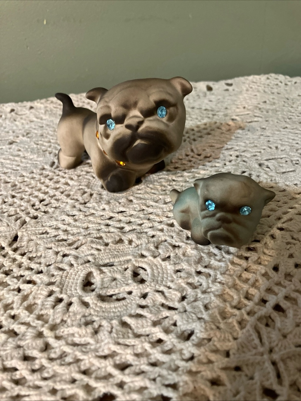 Vintage Roselane Pottery USA Jeweled Bisque Bulldog Figurines - Set of 2!
